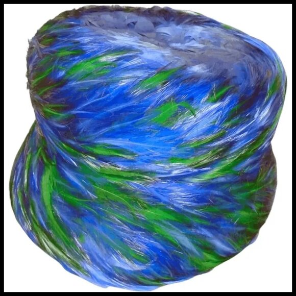 Vintage Hat + HATBOX Blue Green Feather High Fashion Modernist Bucket Hat - Picture 2 of 13